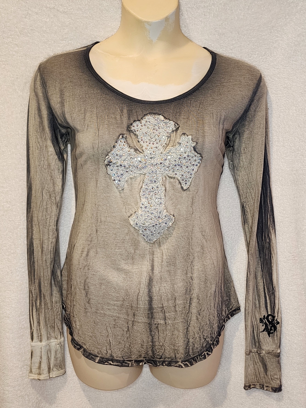 Embellished Cross Long-Sleeve Tee - Gray